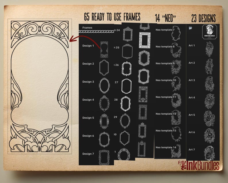 May include: A digital catalog sheet titled 65 READY TO USE FRAMES 14 NEO 23 DESIGNS featuring a large black and white line art frame on the left and a grid of various smaller frame templates and intricate graphic designs on a black background.