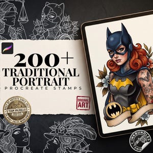 May include: A digital collection of 200+ traditional portrait Procreate stamps featuring line art illustrations of various figures and a colored character wearing a black and yellow bat-themed costume with red hair, displayed on a tablet screen.