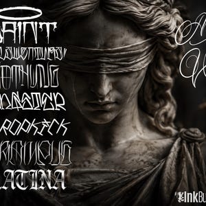 May include: A stone-textured statue of a blindfolded figure with draped clothing. The image features white text overlays including the words SAINT, NOTHING, GANGSTER, DROPKICK, KRIMINAL, LATINA, and the initials MV, with the InkBundles logo at the bottom.