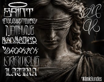 May include: A stone-textured statue of a blindfolded figure with draped clothing. The image features white text overlays including the words SAINT, NOTHING, GANGSTER, DROPKICK, KRIMINAL, LATINA, and the initials MV, with the InkBundles logo at the bottom.