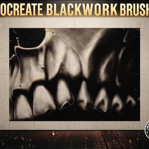 May include: A digital illustration of a human skull jawline with teeth, rendered in black and white. The text PROCREATE BLACKWORK BRUSHES appears at the top. A white stylus is positioned on the left, and a circular logo is in the bottom right corner.