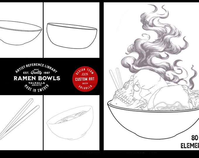 Procreate & png files - Ramen Bowls, 80 stamps / png designs, Ramen design bundle, artist references, custom made designs