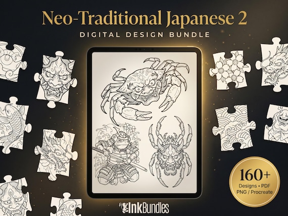 Neo Traditional Japanese Tattoo Reference Kit vol.2 / Procreate Stamps + PNG, Silverfang, Oni demons, stencils