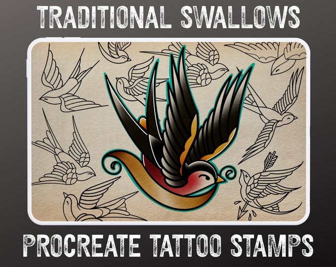 Procreate Tattoo Stamps: Traditional swallows vol.1 Flash Art Reference Bundle (Digital Download) 25 designs!