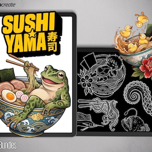 May include: Digital art featuring two tablets. One displays a frog in a ramen bowl with the text "SUSHI YAMA" in yellow and black. The other tablet shows ramen-themed illustrations, including a bowl with ducklings, a flower, and a black and white design.