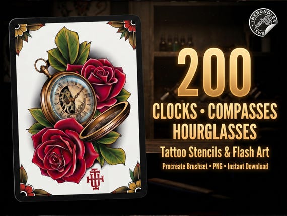 Clock Compass Procreate Brushes, Pocket Watch Tattoo Stencils, Timepiece Stamps Digital Download