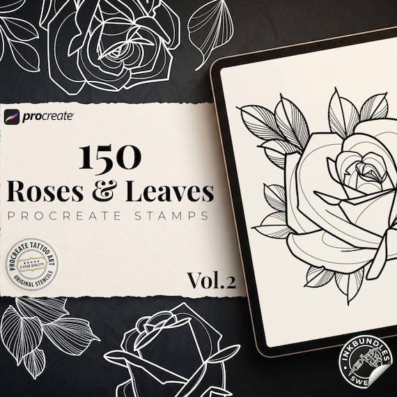 Procreate 150 Roses & Leaves : Brushset + PNG, Tattoo Stencils