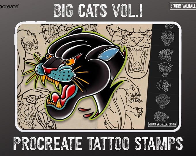 Procreate Tattoo Stamps: Big Cats Flash Art Reference Bundle (Digital Download) 34 designs!