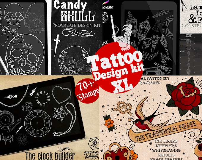 Tattoo designer essentials, value pack, tattoo design construction kit XL, custom references for Procreate