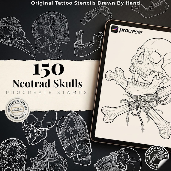 150 Neo-Traditional Skull Brushes for Procreate | Tattoo Skull Stamps, Dark Art Elements & Design Assets