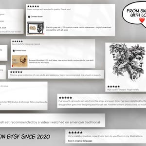 May include: A collection of digital art products for artists, including tattoo references, brush sets, and skull illustrations. The image includes customer reviews and a statement that the shop has been on Etsy since 2020.