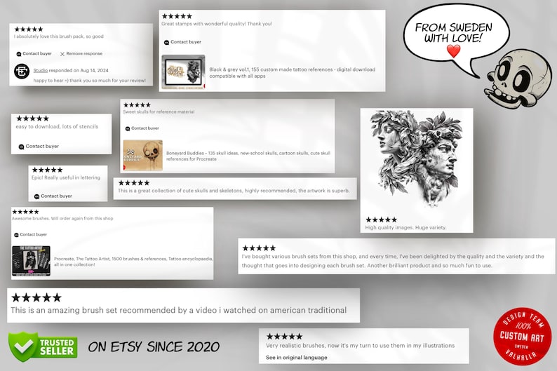 May include: A collection of digital art products for artists, including tattoo references, brush sets, and skull illustrations. The image includes customer reviews and a statement that the shop has been on Etsy since 2020.
