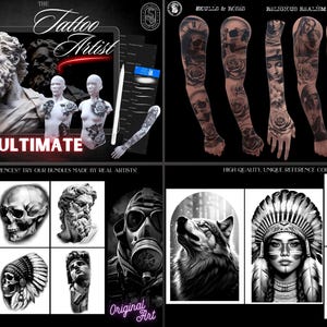 Pu&ograve; includere: Immagine promozionale per riferimenti di arte del tatuaggio. La sezione superiore presenta un tablet con un tema di artista del tatuaggio, busti e un braccio tatuato. Il lato destro mostra disegni di maniche di tatuaggi. La parte inferiore mostra vari disegni di tatuaggi.