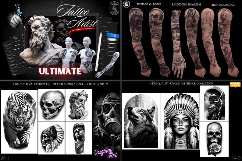 Pu&ograve; includere: Immagine promozionale per riferimenti di arte del tatuaggio. La sezione superiore presenta un tablet con un tema di artista del tatuaggio, busti e un braccio tatuato. Il lato destro mostra disegni di maniche di tatuaggi. La parte inferiore mostra vari disegni di tatuaggi.