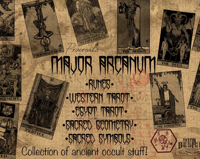 Major Arcanum for Procreate, 190 stamps with tarot, runes, symbols and sacred geometry
