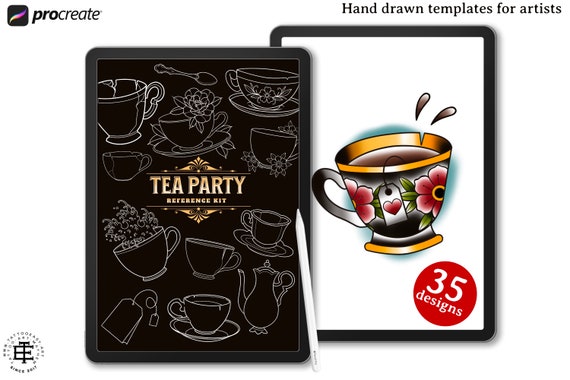 Procreate, Tea party, 35 designs drawn by hand ~ ready made tattoo templates