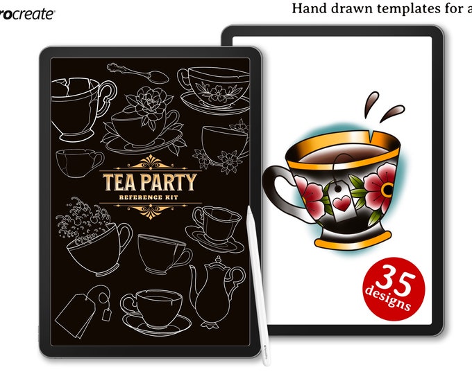 Procreate, Tea party, 35 designs drawn by hand ~ ready made tattoo templates