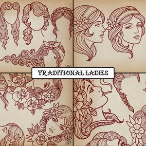250+ Traditional Ladies for Procreate | Old School Flash Stencils, DIY Assets & Brushset image 2