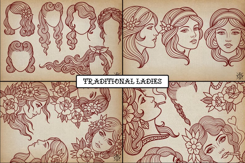 250+ Traditional Ladies for Procreate | Old School Flash Stencils, DIY Assets & Brushset image 2