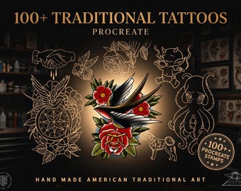 May include: A digital collection of 100+ traditional tattoo designs for Procreate, featuring gold line art illustrations of a handshake, money, a rose, a devil, an octopus, and a dog, centered around a colored swallow and rose motif.