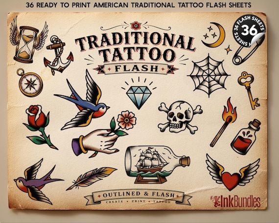 Traditional Tattoo Flash Sheets, printable, Procreate, coloring projects