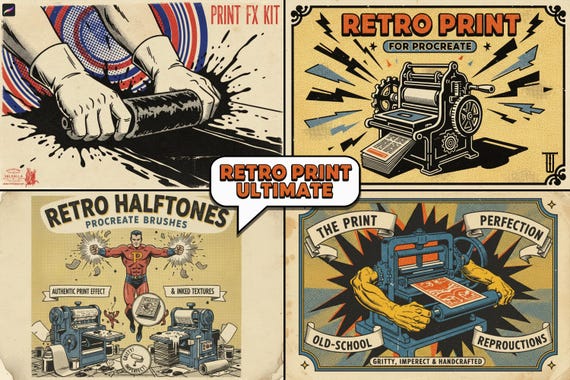 The Retro print kit - 5 Bundles in 1, custom brushes & textures for Procreate