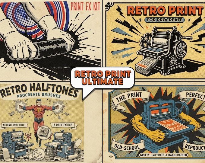 The Retro print kit - 5 Bundles in 1, custom brushes & textures for Procreate