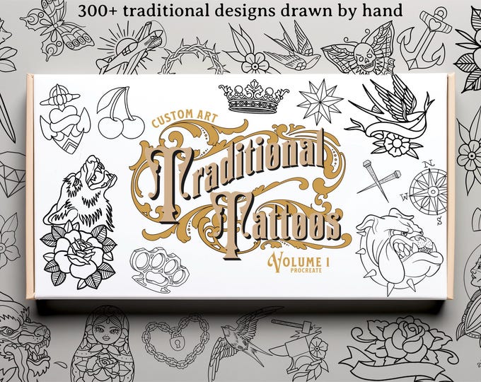 Procreate - Traditional vol.1,2 & 3, 300+ designs drawn by hand, tattoo flash art, tattoo reference bundle, outlined tattoo designs!