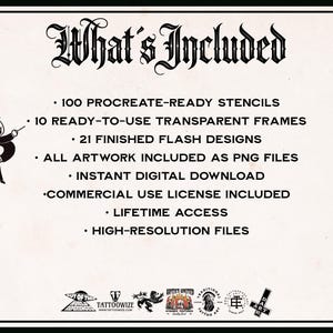May include: A digital product listing titled What's Included, featuring 100 Procreate-ready stencils, 10 transparent frames, 21 flash designs, PNG files, instant download, commercial license, lifetime access, and high-resolution files.