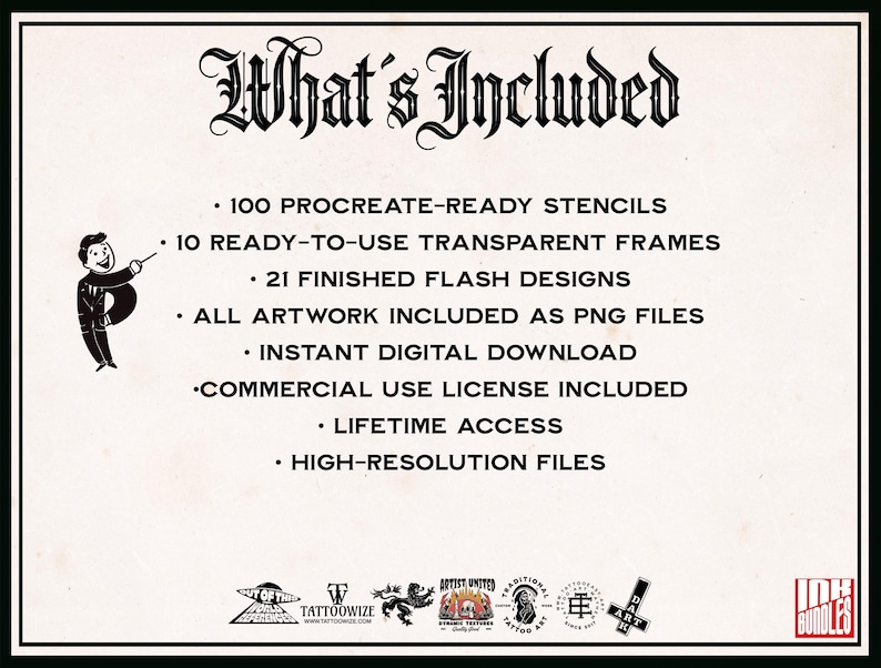 May include: A digital product listing titled What's Included, featuring 100 Procreate-ready stencils, 10 transparent frames, 21 flash designs, PNG files, instant download, commercial license, lifetime access, and high-resolution files.