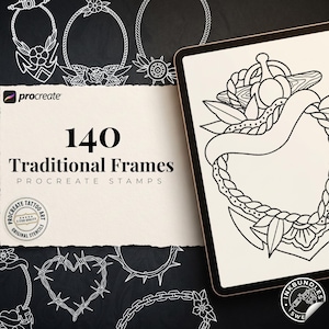 Op de afbeelding: Een digitale collectie van 140 traditionele Procreate-stempels met kaders in zwart-wit lijntekeningen. Het scherm toont een tablet met een illustratie van een touwachtig kader en de tekst 140 Traditional Frames.