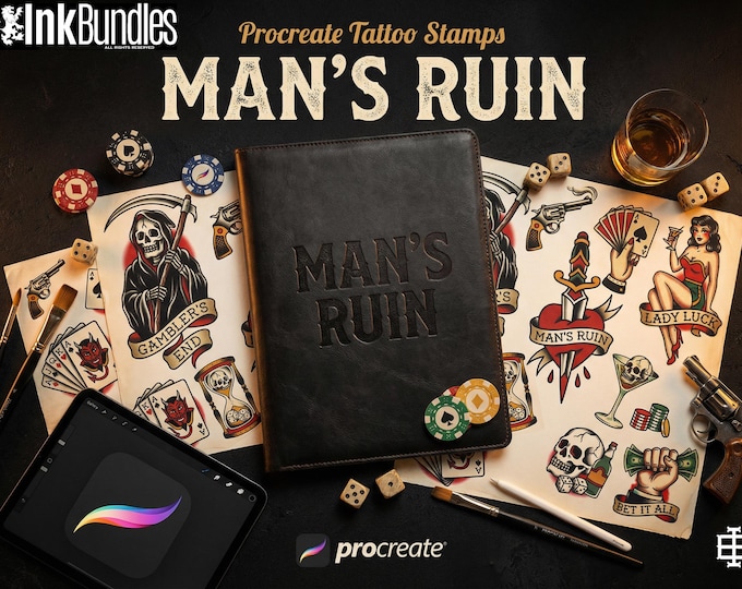 Traditional Gambling Casino Tattoo Design kit - Procreate | 113 Classic Mans ruin Tattoo stencils