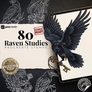 Raven Procreate Brushes, Bird Tattoo Stencils, 80+ Stamps Digital Download