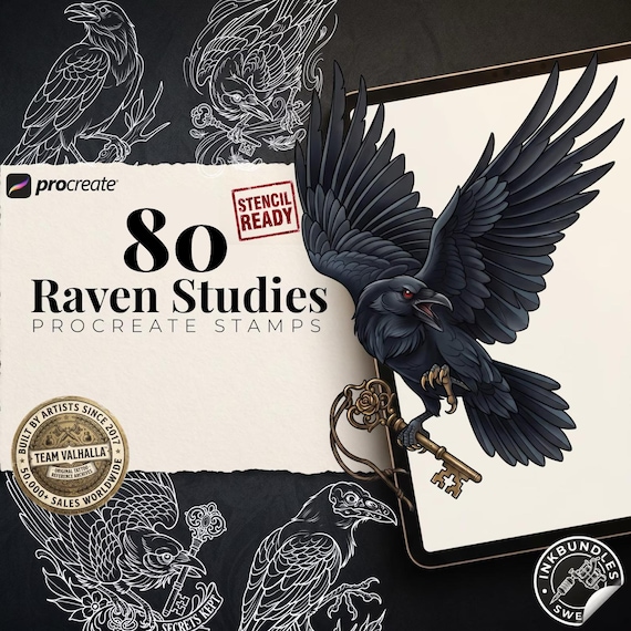 Raven Procreate Brushes, Bird Tattoo Stencils, 80+ Stamps Digital Download