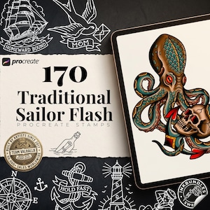 May include: A digital tablet displays a colorful octopus and skull tattoo design. The surrounding background features white line art of nautical themes including a ship, swallow, anchor, lighthouse, and compass with the text 170 Traditional Sailor Flash.