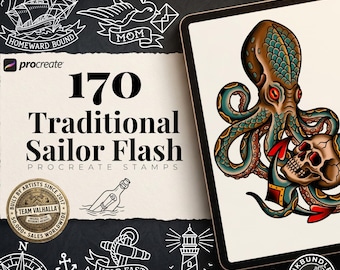 Traditional Sailor Tattoos 170+ tattos, Stencil designs for Procreate, hand drawn art
