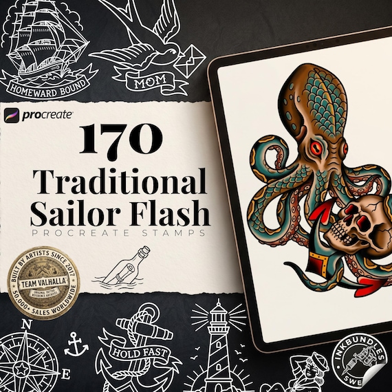 Traditional Sailor Tattoos 170+ tattos, Stencil designs for Procreate, hand drawn art