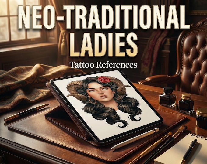 Neo-Traditional Tattoo References, Procreate Stamps & Flash Art, Procreate/Photoshop 300+