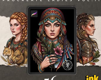 May include: A digital art collection titled NEO-TRADITIONAL PROCREATE LADIES VOL. II featuring three distinct illustrations of women. The central image shows a person in a headpiece holding a flower, flanked by two portraits of warriors with animals.