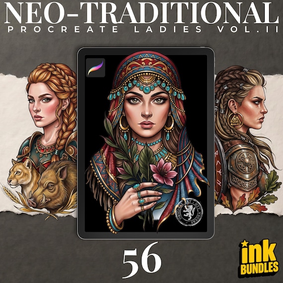 Procreate Neo Traditional Ladies vol.2, Tattoo design Set,  Brushset, original stencils