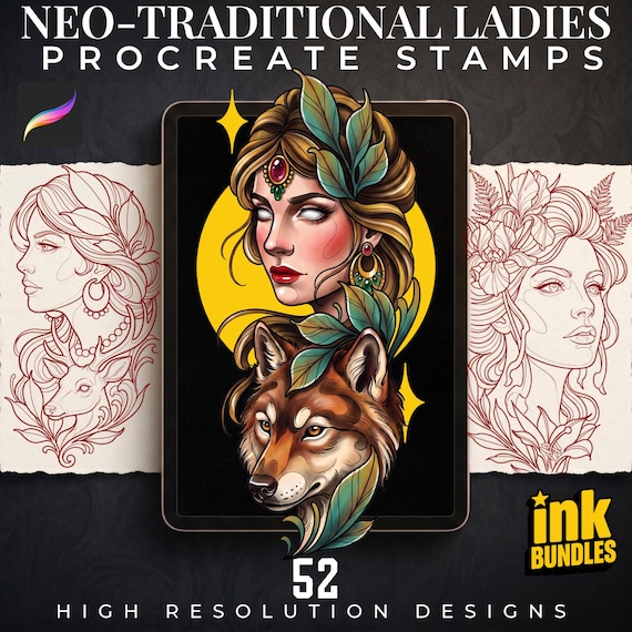 Procreate Neo Traditional Ladies, Tattoo design Set,  Brushset, original stencils