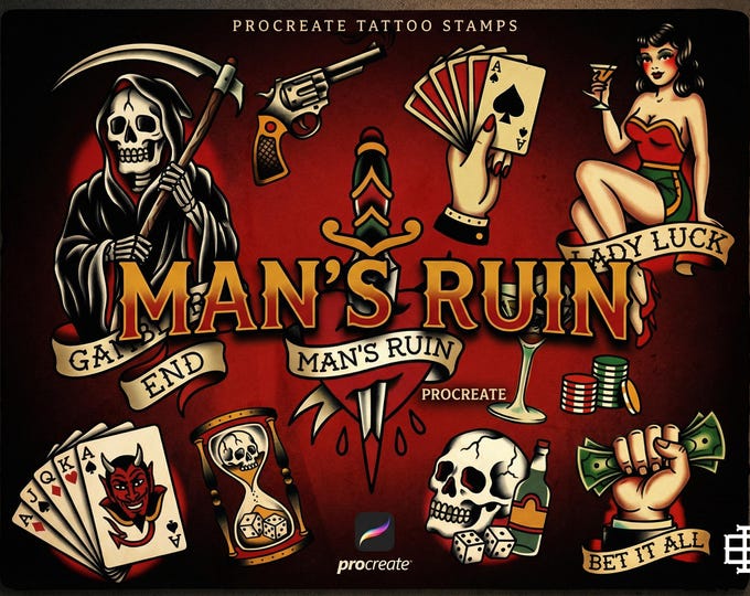 Traditional Gambling Casino Tattoo Design kit - Procreate | 113 Classic Mans ruin Tattoo stencils