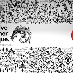 Peut inclure: Une collection de plus de 700 éléments de design vectoriels en noir et blanc de style baroque. Les éléments comprennent des volutes, des fioritures et des motifs floraux. Le texte "Creative Designer baroque." est affiché en haut de l'image.