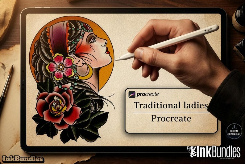 250+ Traditional Ladies for Procreate | Old School Flash Stencils, DIY Assets & Brushset image 3