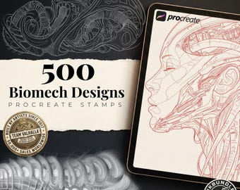 May include: A digital tablet displaying a red line art illustration of a biomechanical human profile. The screen features the Procreate logo. Text reads: The Ultimate Biomech Kit -DTV 2017-2025 500+ Original Designs, 500 Biomech Designs PROCREATE STAMPS.