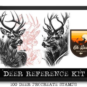 May include: A digital art reference kit displayed on a tablet. The image features detailed black and white illustrations of deer, including a side profile and a sketch. The text "DEER REFERENCE KIT" and "100 DEER PROCREATE STAMPS" are also visible.