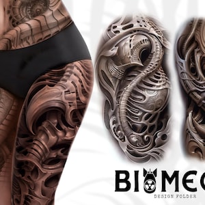 Op de afbeelding: Een biomechanisch tattoo-ontwerp met ingewikkelde, gedetailleerde en realistische afbeeldingen van een robotische, skeletachtige en organische fusie. Het ontwerp is in grijstinten en bruin en lijkt een tattoo voor het hele been te zijn.