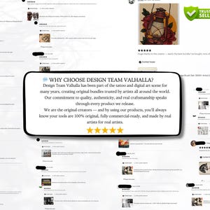 May include: The image showcases a collection of digital art assets and reviews. A logo for Design Team Valhalla is visible, along with a "Trusted Seller" badge. The text emphasizes original, commercial-ready tools created by real artists.