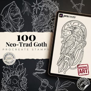 May include: A digital tablet displaying a black and white raven illustration with ornate filigree, surrounded by various gothic tattoo-style line art designs including a skull, a bearded figure, and a flail, with text reading 100 Neo-Trad Goth.