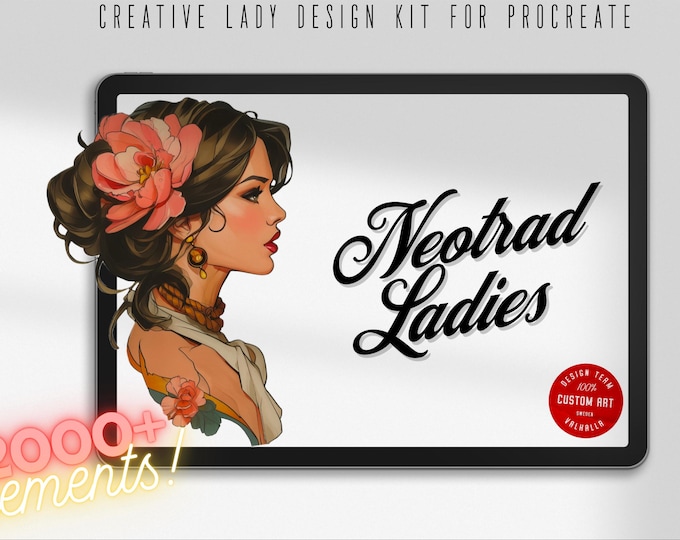 Neo-Traditional Lady Design Kit, Procreate stamps, Svg files, Png files, 2000+ elements, Tattoo flash, Tattoo references, studio quality